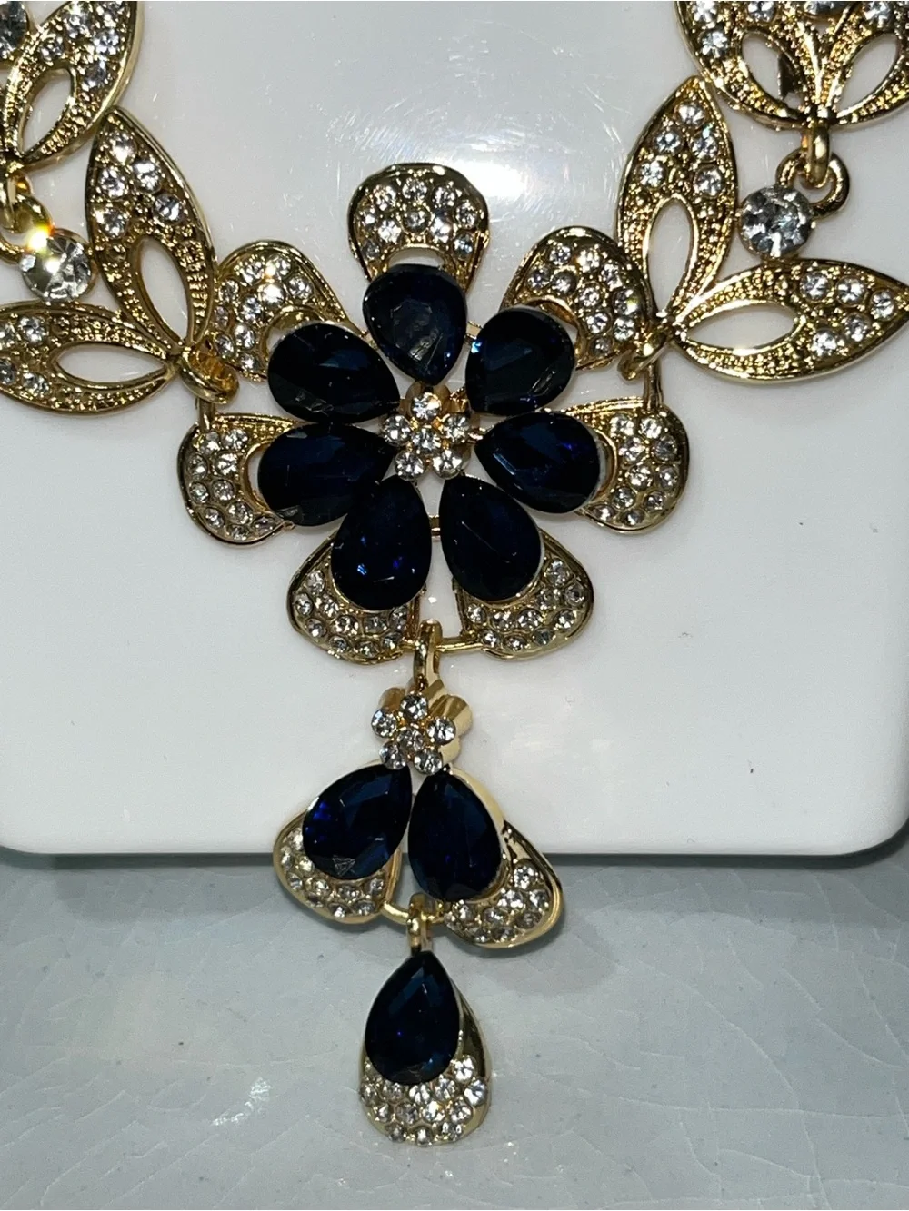 Floral Statement Necklace & Earring Set / Dark Blue & White Rhinestones NEW